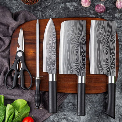厨房菜刀全钢刀具套装家用厨房五件套切菜刀砍骨刀花纹切片刀剪刀