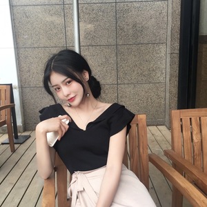 Mùa hè Hàn Quốc phiên bản của gió sang trọng gỗ tai nhỏ bay tay áo mỏng giảm béo khí v- cổ áo len áo sơ mi của phụ nữ mới