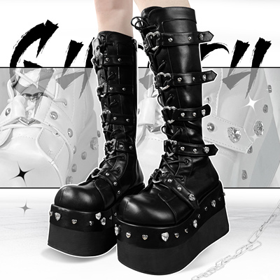 taobao agent Heart crusher gururu original subculture Y2K hot girl thick bottom round head diamond boots boots