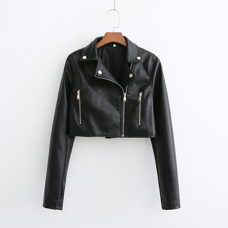 BlackOu Meifan autumn Cool black Lapel High waist Exposed navel have cash less than that is registered in the accounts PU leather locomotive Jacket ins handsome Of wind leather clothing loose coat