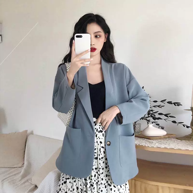 Mùa xuân 2020 mùa xuân và mùa thu của phụ nữ Hàn Quốc khí chất thiết kế cảm giác thích hợp salmoka nhỏ phù hợp với áo khoác màu xanh - Business Suit