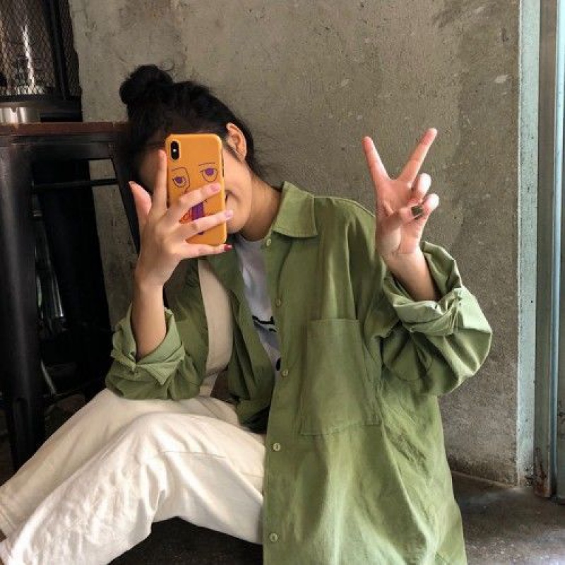 GreenSuperfire shirt schoolgirl Korean version easy Versatile Harajuku bf Long sleeve lattice jacket loose coat thin