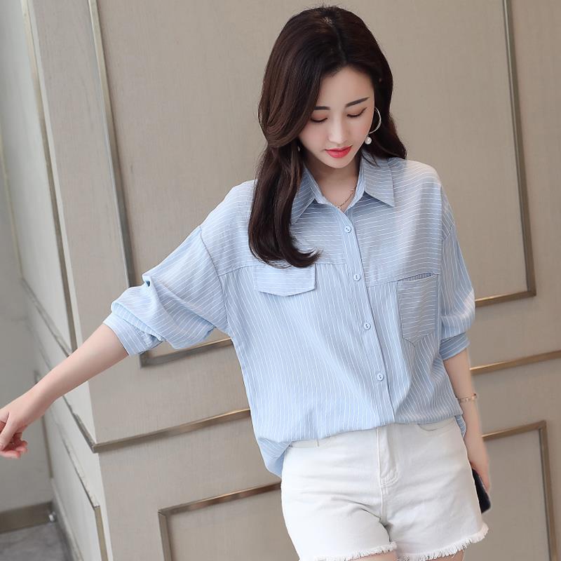 含棉条纹衬衫女新款优质长袖宽松休闲衬衣韩版显瘦浅蓝衬衫