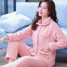 Купальник для пары 睡衣女冬珊瑚绒加厚秋冬季保暖法兰绒中年家居服女款长袖开衫套装