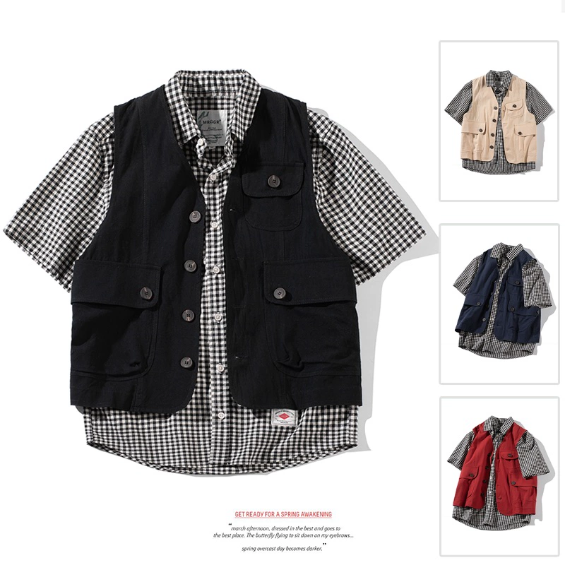 Công cụ Nhật Bản vest nam thủy triều thương hiệu Mỹ retro lỏng áo ghi lê có chức năng hip-hop xu hướng túi lớn áo khoác - Dệt kim Vest
