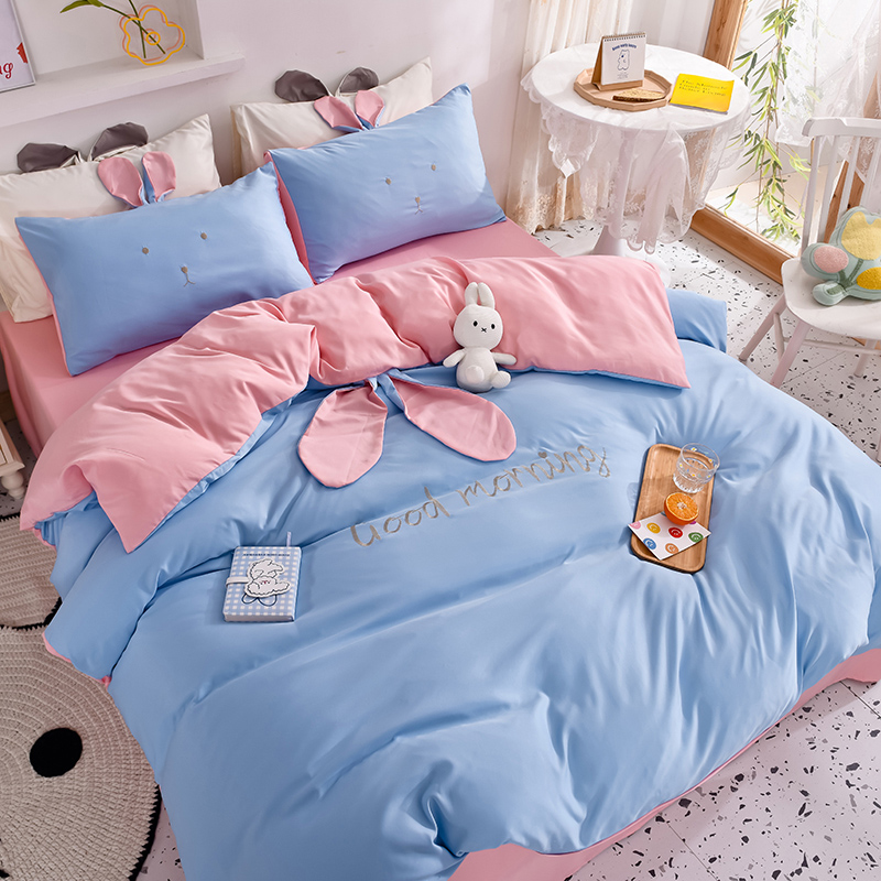 Style 1real silk Ice smooth Solid color Two color Rabbit ears summer quilt Sleep naked Princess style Sheet and fitted sheet piece cover pillow case Four piece suit