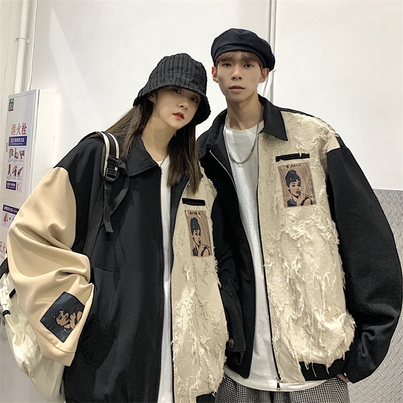 Patchwork baseball jacket jacket for men on Instagram, loose and versatile, high street design sense, niche and cool couple jacket
