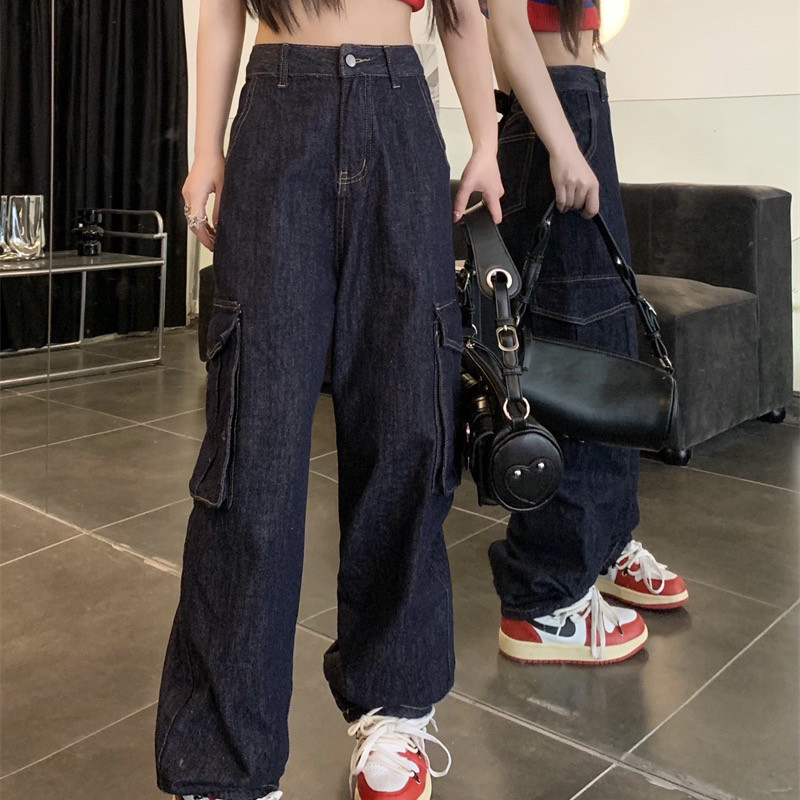 Retro dark blue workwear jeans for women, 2022 new autumn loose, straight-leg, slimming, wide-leg pants