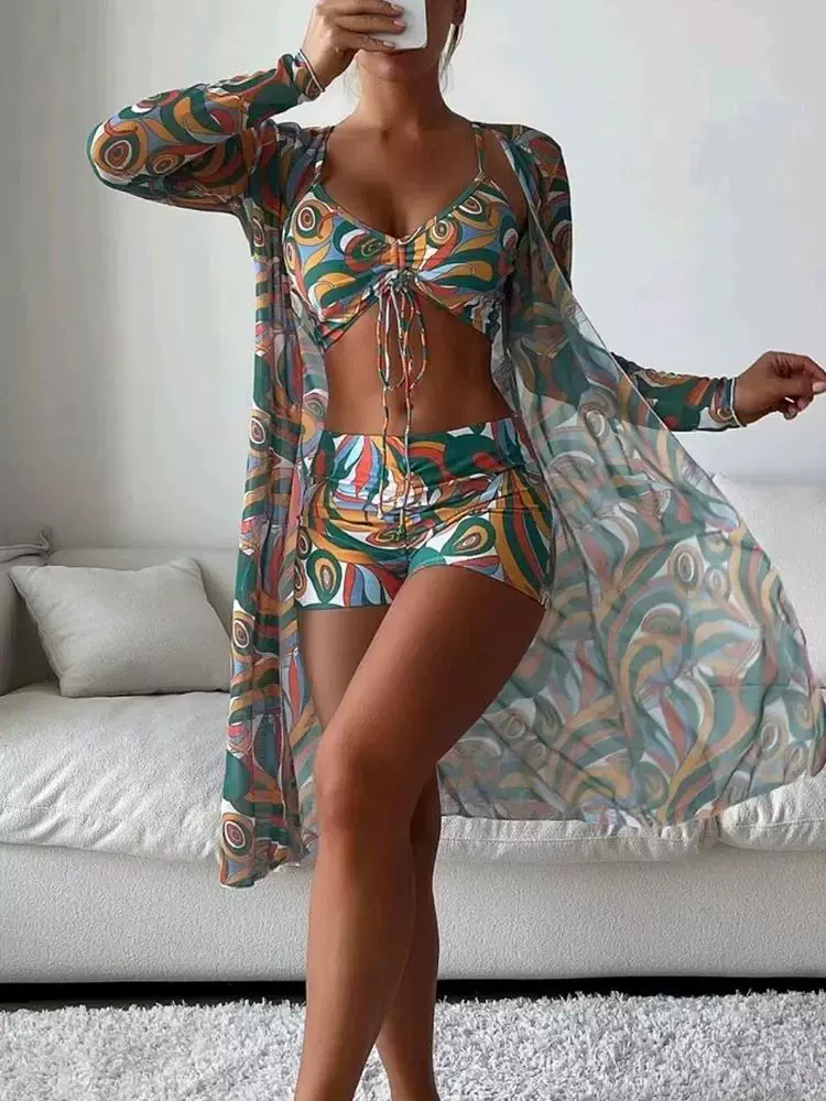 Tropical Allover Print Bikini 3pack Drawstring Ruched ver Up