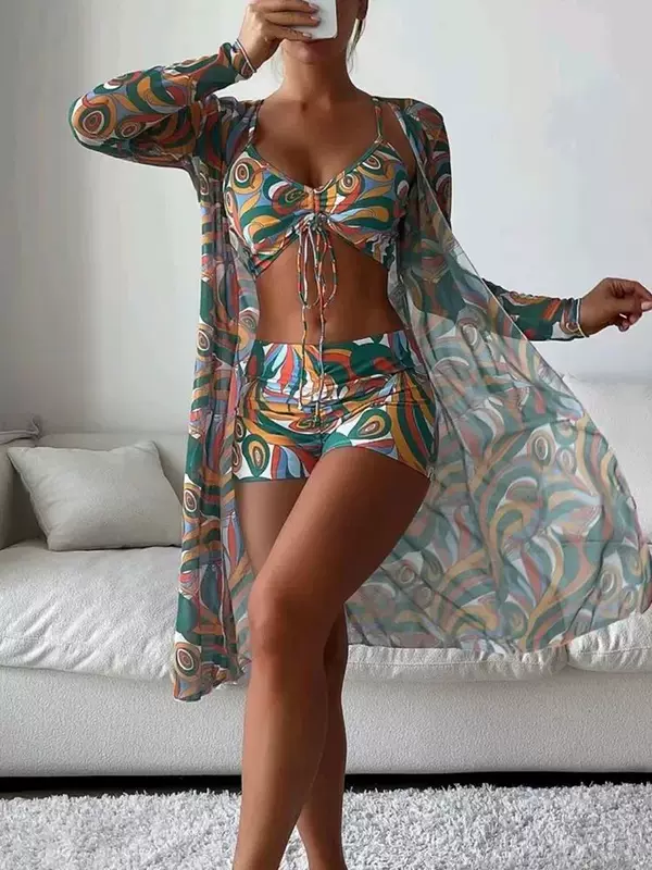 Tropical Allover Print Bikini 3pack Drawstring Ruched ver Up