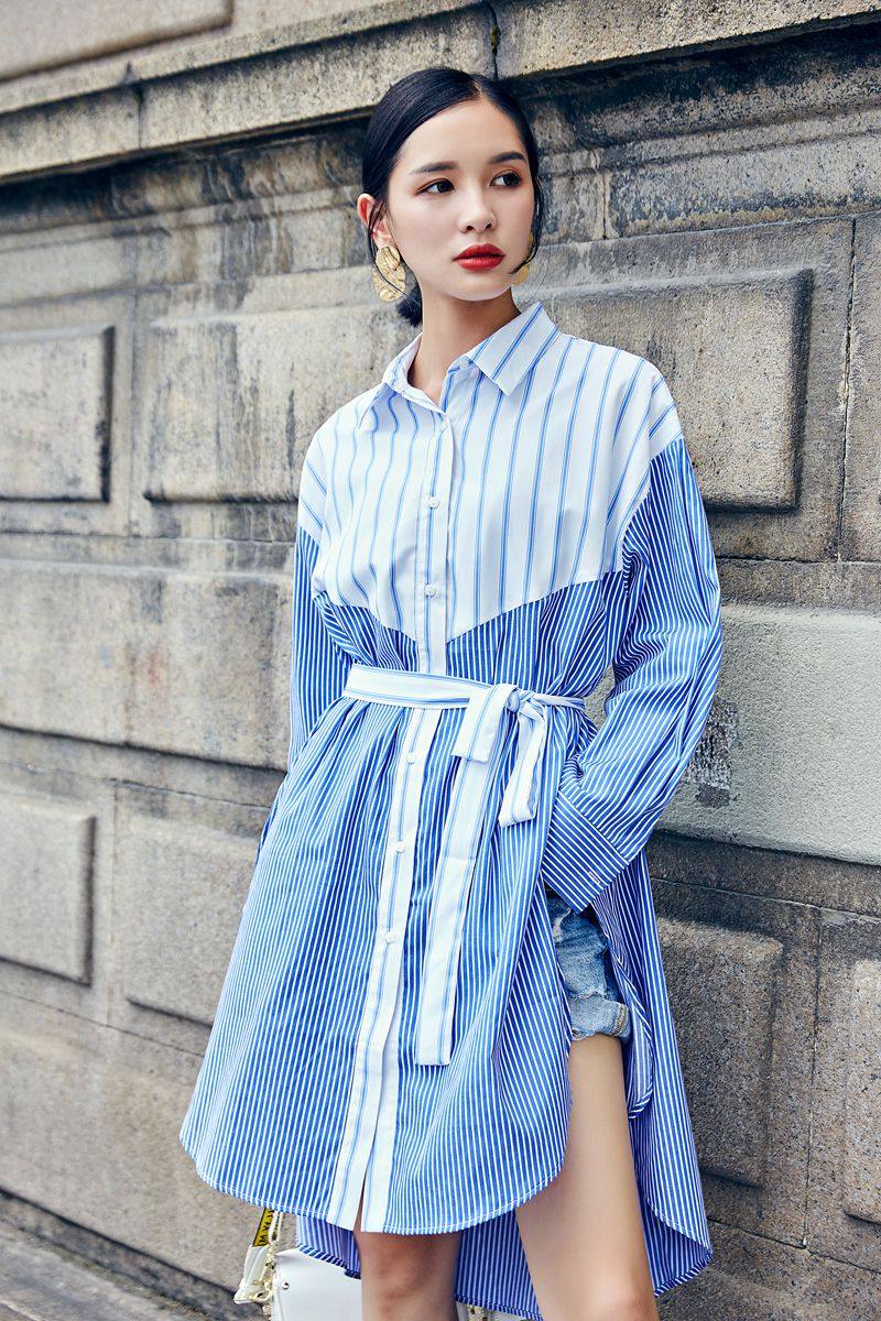 复古拼接撞色条纹衬衫裙侧开叉前短后长衬衣裙系带连衣裙秋新现货