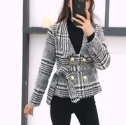 Áo khoác nữ Houndstooth thu đông 2018 phiên bản dày của Hàn Quốc tự thắt eo là áo len mỏng kẻ sọc hoang dã.
