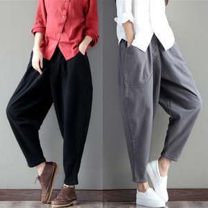 Văn học retro bông và vải lanh chín quần nữ chất béo mm đàn hồi eo lỏng kích thước lớn rộng chân bàn chân nhỏ lanh giải trí hậu cung quần
