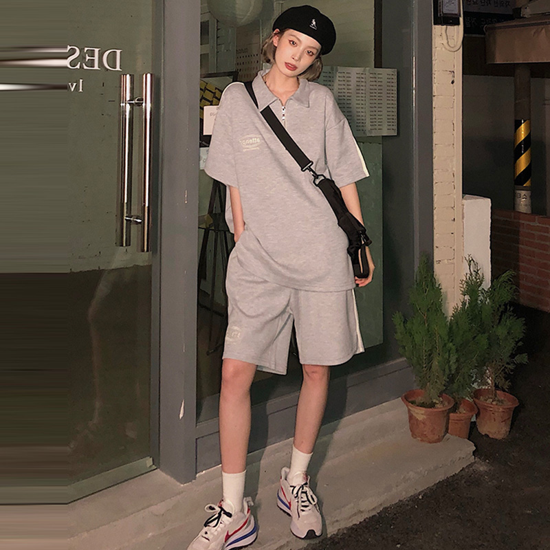 Grey SuitSalt system Bomb Street pure cotton motion leisure time Two piece suit female summer new pattern easy student fashion Age reduction shorts tide
