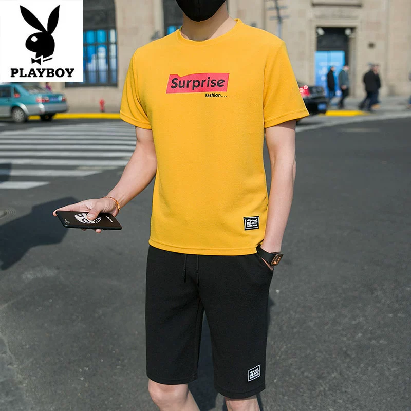 Playboy mùa hè 2020 bộ đồ mới nam phù hợp với áo hai dây với đẹp trai mặc xu hướng thương hiệu tay áo ngắn t - Bộ đồ