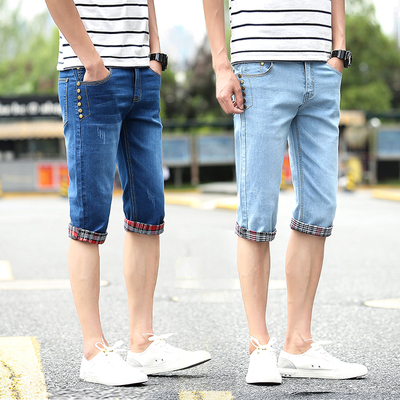 Mùa hè của nam giới Hàn Quốc phiên bản của quần short denim mỏng nam thẳng phần mỏng bảy điểm jeans stretch casual 7 quần Cao bồi