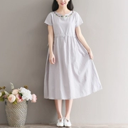 Phụ nữ mang thai mùa hè phiên bản Hàn Quốc của cô gái Mori mới thêu hoa cotton và váy lanh lớn đu lớn kích thước lớn nhỏ lỏng đầm tươi - Áo thai sản