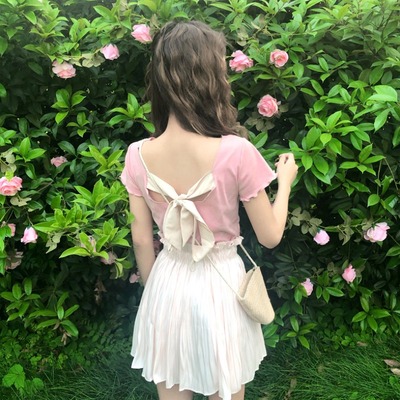 taobao agent Short sleeve T-shirt, short pleated skirt, 2021 collection, backless, suitable for teen