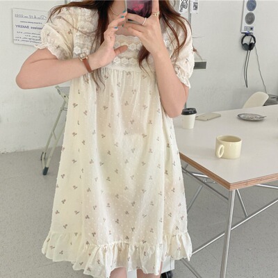taobao agent Summer thin pijama, square neckline, floral print, with short sleeve