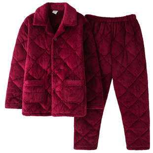 睡衣男款冬季三层珊瑚绒夹棉大红家居服