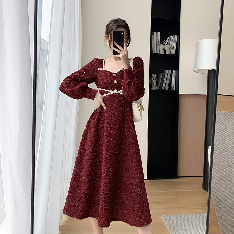 FT GUOGERed Little Fragrant Dress Girl2022New French Christmas Skinny Square Neck Long Dress