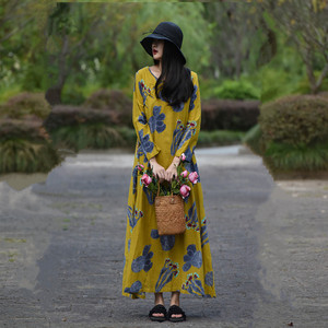 [蝉 羽] Suxin tự chế phong cách dân gian ăn mặc nữ mùa thu retro khóa dài tay áo lỏng lẻo in váy