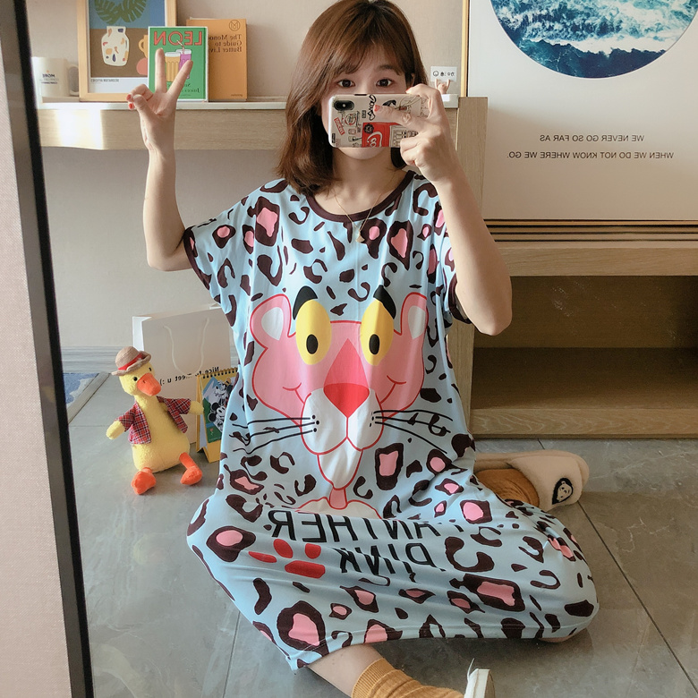Blue Ground Naughty Leopard SkirtNightdress female summer Thin Short sleeve pure cotton Princess style Korean version easy Big size pregnant woman pajamas Spring and autumn days leisure wear