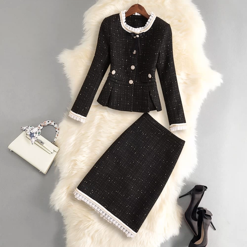 Демисезонный ретро комплект, европейский стиль, изысканный стиль, легкий роскошный стиль, с акцентом на бедрах