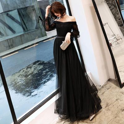 Evening dress, long black skirt, 2021 collection, open shoulders