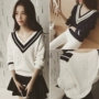 Mùa thu và mùa đông Hàn Quốc phiên bản của v-cổ dài tay áo len nữ đoạn ngắn lỏng sinh viên hải quân gió hit màu áo len áo sơ mi nữ shop quần áo nữ