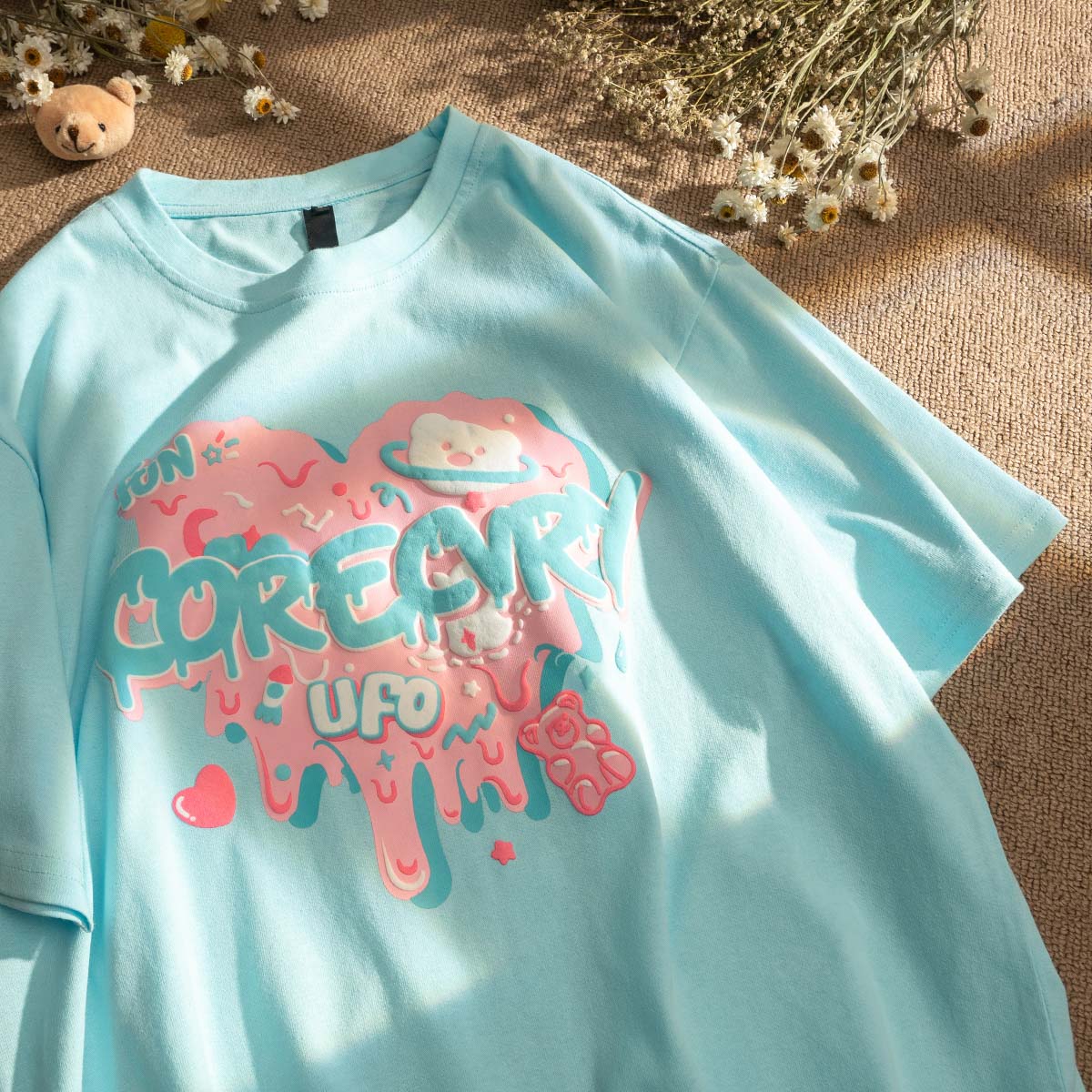 WathetUXEIS melt love Bear Design sense niche T-shirt men and women Short sleeve National tide BF lovers Half sleeve Ins super fire