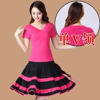 Одиночный V -neck Short -Sleeved Rose Red Top+Red Red Big Big Skirt