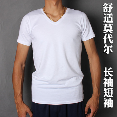 Modal cotton siêu mỏng ngắn tay t-shirt nam đáy áo V-Cổ màu trắng tinh khiết dài tay mùa hè ăn mặc nửa tay Áo phông dài