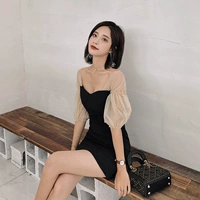 ◆ yang momo ◆ đầm ren Hàn Quốc cao eo ôm một từ váy đèn lồng tay áo màu đen khâu một bước váy mẫu váy chữ a đẹp 2020