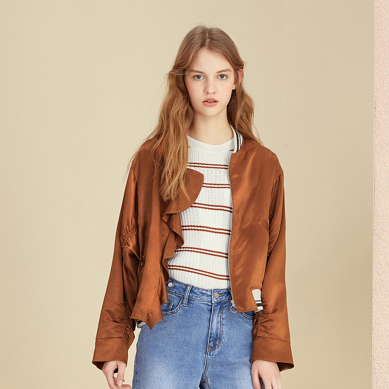 Shi Fanli 2018 đầu mùa xuân mới của Hàn Quốc phiên bản của lỏng ngắn áo khoác sinh viên caramel màu ngắn đồng phục bóng chày nữ