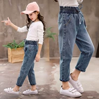 Quần bé gái 2019 mùa thu mới phiên bản Hàn Quốc của quần jeans nước ngoài Quần bé gái Quần bé gái hoa eo cao quần harem - Quần jean quần áo trẻ sơ sinh