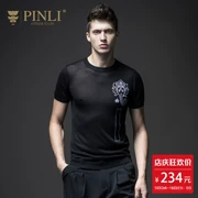 PINLI sản phẩm nam nam thêu áo len ngắn tay T-Shirt thủy triều của nam giới áo sơ mi nửa tay áo S182111235
