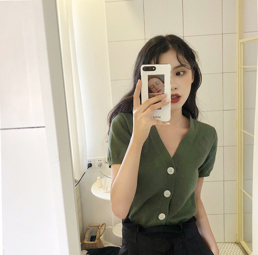 Flushing Han phong cách Chic màu rắn đơn giản hoang dã ngắn tay áo len nữ tính khí V-Cổ lỏng áo sơ mi mỏng mùa hè