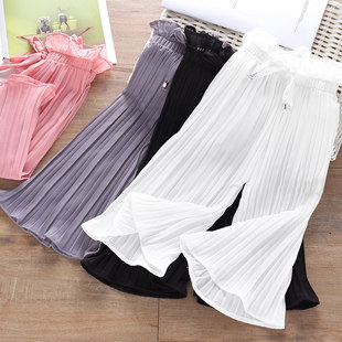 New spring and summer girls' chiffon wide-leg pants, Korean style children's pleated skirt pants, medium and large children's three-point anti-mosquito pants, casual pants