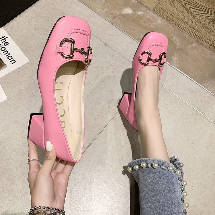 Pink (5Cm Heel)Horsebit  high-heeled shoes female 2021 new pattern French Mary Jane Women's Shoes Retro Thick heel Sandals Female heel Single shoes