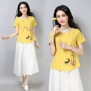 Mùa hè 2019 mới của phụ nữ gió quốc gia Áo thun retro khóa cotton và vải lanh thêu áo sơ mi ngắn tay hoang dã - Áo phông