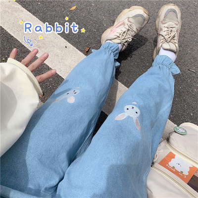 taobao agent Japanese cute rabbit, autumn jeans, 2022 collection, with embroidery, elastic waist