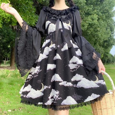 taobao agent Japanese soft girl lovely lolita dress with lace gorgeous big girl retro water sleeve chiffon shirt female summer