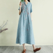2019 mới phong cách quốc gia Trung Quốc phụ nữ ăn mặc cotton văn học và váy lanh mùa hè đầm ngắn tay thêu - Váy dài