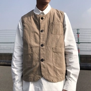 Mỹ retro rắn màu v-cổ công cụ vest nam lỏng bf gió xu hướng giản dị nhiều túi áo vest ngắn - Dệt kim Vest