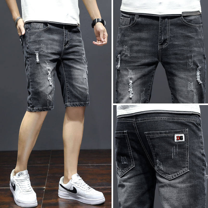 Summer thin stretch denim shorts, men's ripped slimming straight leg, 5-inch mid-length youth pants, men's 5-inch casual horse pants