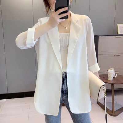 雪纺小西装外套女2021春夏薄款韩版宽松防晒小西服中长款空调开衫