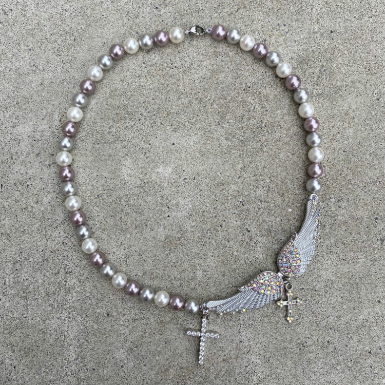 X002&AngelSrrybabeCOSMICCRYSTALS crystal universe Pearl Necklace gemstone Angel wings