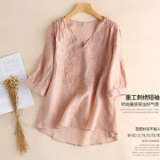 Áo sơ mi cotton và vải lanh mùa hè 2019 mới phiên bản Hàn Quốc của áo phông nữ văn học lỏng lẻo retro cổ chữ V tay ngắn - Áo sơ mi