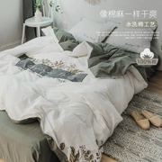 Nagano eve Thêu Bắc Âu cotton rửa bốn mảnh set Bộ văn học nhẹ vải lanh theo phong cách châu Âu Bộ đồ giường bằng vải cotton tươi - Bộ đồ giường bốn mảnh